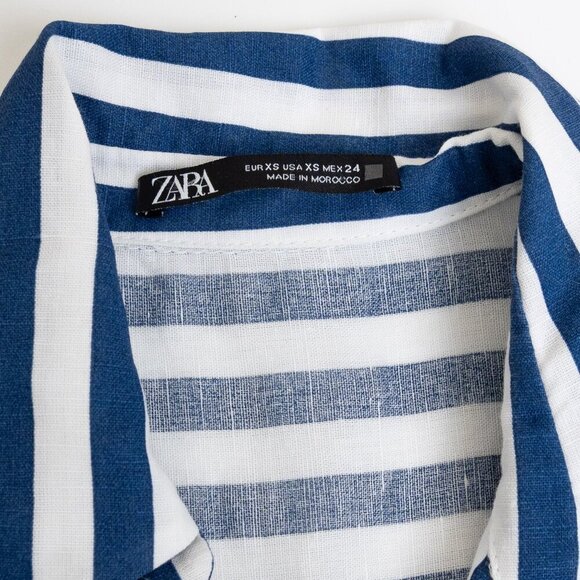 ✨ ZARA Striped Linen Blend Midi Shirt Dress White Blue Button Front - Picture 5 of 13